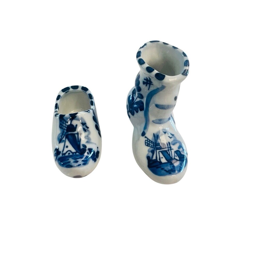 Vintage Delft Blue Porcelain Dutch Shoe & Boot Windmill Set of 2
